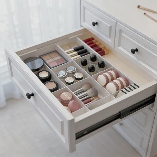 Retractable Drawer Storage Box - 6 Detachable Dividers with 2.04 Inch Shallow Drawer Height PET for Kitchen Utensils, Cosmetics, Office Supplies Storage (10.43 Inch L,20.27 Inch) - color: White