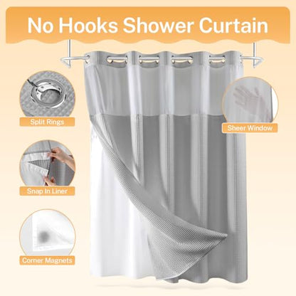River Dream Gray Cotton Blend Fabric Shower Curtain Set with Liner, 71x74 | Waffle Weave, No Hook Needed, with Snap in Replacement Liner, Top Sheer Window, Hotel Quality Fabric for Bathroom - color: Lake Wanaka, size: 71"W x 74"L (Pack of 1)