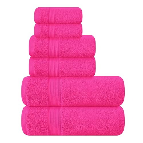 BOUTIQUO 6 Pack Cotton Towel Set, Contains 2 Bath Towels 27x54 inch, 2 Hand Towels 16x24 inch & 2 Wash Coths 12x12 inch, Ideal Everyday use, Ultra Soft Compact & Lightweight - Hot Pink - color: Hot Pink, size: 6 Piece Towel Set