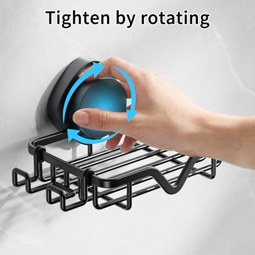 KEGII Soap Holder Dish with Suction Cup and Razor Holder & Hooks, Stainless Steel Rustproof Bar Suction Soap Tray for Shower Wall, Bathroom, Kitchen, Drill-Free, Black | Rustproof Stainless Steel Soap Tray for Shower Walls, Drill-Free Installation with Wa