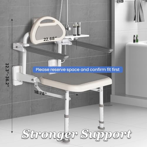 NEWTRY 18” Folding Shower Seat Wall Mounted 330lb Adjustable Height | Fold Down Shower Seat with Armrests & Back for Home Care Seniors Disabled, Padded Seat and Back, for Bathroom Inside Shower