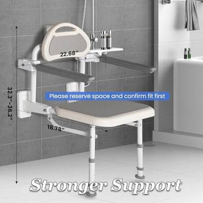 NEWTRY 18” Folding Shower Seat Wall Mounted 330lb Adjustable Height | Fold Down Shower Seat with Armrests & Back for Home Care Seniors Disabled, Padded Seat and Back, for Bathroom Inside Shower