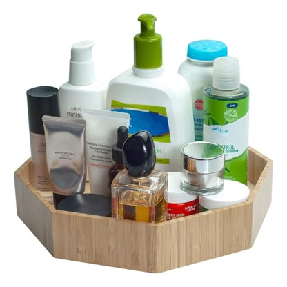 Bamboo 360 Rotating Bathroom Toiletry & Cosmetic Spinning Tray for Countertops and Vanity with Lazy Susan Turntable, 10” Diameter with 2” Ledge