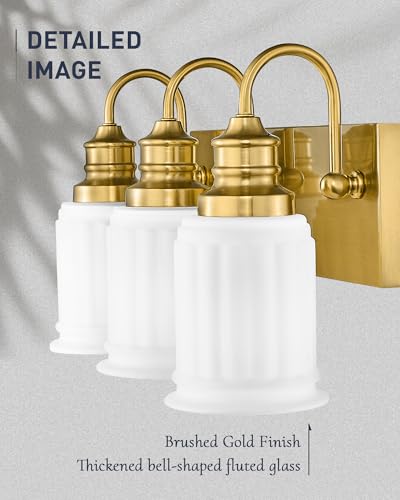 3-Light Bathroom Light Fixture, HWH Modern Vanity Light, Brushed Gold Wall Light Over Mirror, Frosted White Bell-Shaped Glass, 5HZG106B-3W BG - color: Brushed Gold, size: 3-Light