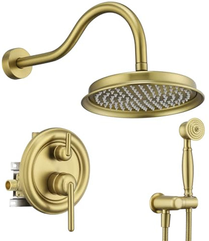 Rainfall Shower System Shower Faucet Set, Luxury, Antique, Light Gold | 9 Inch Shower Head and Handheld Spray, Pressure Balance Valve, Wall Mounted, Bathroom, Shower Trim Kit - color: Brushed Light Gold, style: With Handheld