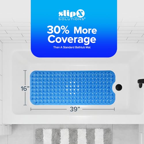 SlipX Solutions 39x16 Extra Long Non Slip Bath Mat, Tub & Shower, Blue | Anti Slip Mat for Elderly & Kids Bathroom, 30% More Coverage, 200 Suction Cups, Hundreds of Drain Holes - color: Blue