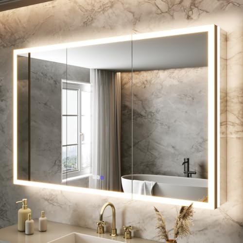 48x32 Lighted Medicine Cabinet, Separate Front & Back Lights | Surface/Recessed LED Medicine Cabinet for Bathroom with Side Mirrors, Dimmable Light, Anti-Fog, Memory,Silver Aluminum Frame - size: 48" x 32"