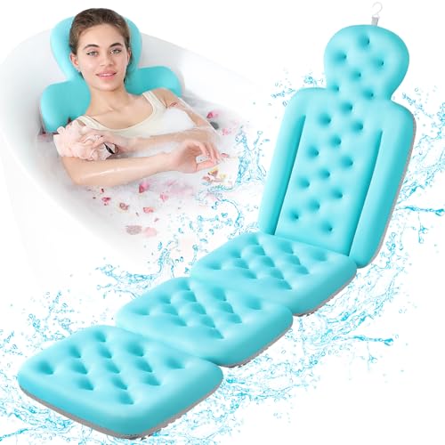 Luxury Bath Cushion, Full Body Bathtub Pillow with 160 Suction Cups, Bath Mat for Head and Neck Support, with Laundry Bag (Blue, 60" x 16") - color: Blue, size: 60" X 16"