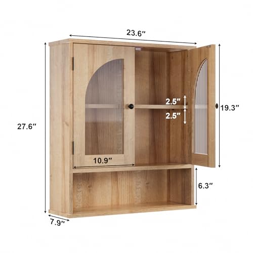 Bathroom Cabinet Wall Mounted with Tempered Glass Doors,Wooden Medicine Cabinet with Adjustable Shelf Open Shelf,Over Toilet Space Saver Storage Cupboard Natural Oak - color: Natural Oak