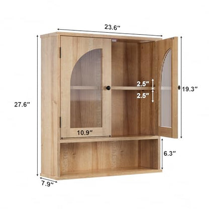 Bathroom Cabinet Wall Mounted with Tempered Glass Doors,Wooden Medicine Cabinet with Adjustable Shelf Open Shelf,Over Toilet Space Saver Storage Cupboard Natural Oak - color: Natural Oak
