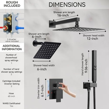 Thermostatic Shower System Matte Black, STARBATH Shower Faucets Sets 12+ 6" Wall Mount Rain Shower and 2 in 1 Handhled, Can Use All at Once, Push Button 3 Modes Valve and Trim Kit Complete Shower Set - color: Matte Black, size: 6+12 inch-12