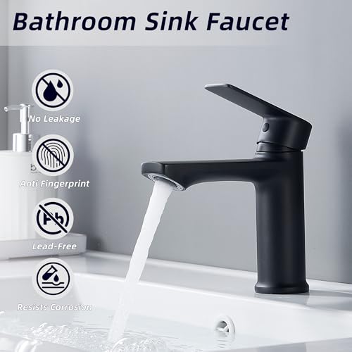BELZ Black Bathroom Faucet, Lead-Free Single Hole Sink Faucet for Vanity | NSF372 Certified, Anti-peeling PVD Black Finish, Water-saving & Anti-splash, Single Handle Modern Design with Hot/Cold Hoses - color: Matte Black