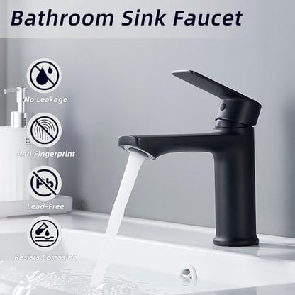 BELZ Black Bathroom Faucet, Lead-Free Single Hole Sink Faucet for Vanity | NSF372 Certified, Anti-peeling PVD Black Finish, Water-saving & Anti-splash, Single Handle Modern Design with Hot/Cold Hoses - color: Matte Black