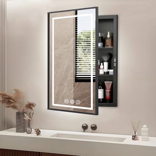 LED Medicine Cabinet Mirror, 16x24 Black Bathroom Storage Cabinet | Anti-fog mirror, Dimmable & 3 color lighting, adjustable shelves, plug in & wall switch, recessed & wall mounted installation - color: Black - Sc, size: 16X24