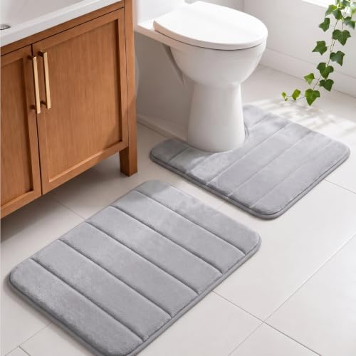 Memory Foam Bathroom Rugs Sets 2 Piece - Super Soft Absorbent Quick Dry Memory Foam Bathroom Rugs, Machine Washable Non Slip Floor Carpet for Tub Shower & Single Sink 16x24 & 20x20, (Light Grey) - color: Light Grey