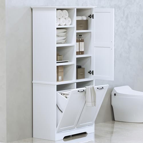 Merax Cabinet with Tilt-Out Laundry Hamper Basket, Tall Bathroom Storage Organizer Linen with Open Shelf for Home, Freestanding, White - color: White