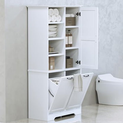 Merax Cabinet with Tilt-Out Laundry Hamper Basket, Tall Bathroom Storage Organizer Linen with Open Shelf for Home, Freestanding, White - color: White