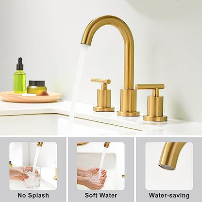 Brushed Gold Bathroom Faucet 3 Hole, 8 Inch Widespread Bathroom Sink Faucets 2 Handle Lavatory Faucet Gold Vanity Faucet with Pop-Up Drain & cUPC Faucet Supply Lines - color: Gold