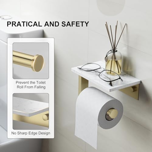 Brushed Gold Toilet Paper Holder with Marble Shelf Tissue Roll Holder | 304 Stainless Steel Wall Mounted Toilet Paper Roll Holder Screw-Mounted Tissue Holder for Bathroom Washroom by BATHLAVISH - color: Brushed Gold