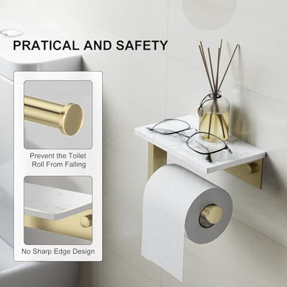 Brushed Gold Toilet Paper Holder with Marble Shelf Tissue Roll Holder | 304 Stainless Steel Wall Mounted Toilet Paper Roll Holder Screw-Mounted Tissue Holder for Bathroom Washroom by BATHLAVISH - color: Brushed Gold