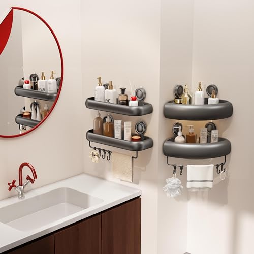 CICUFY Shower Caddy Suction Cup, 2 Pack No Drilling Corner Shower Shelves, Rust Proof Bathroom Storage Organizer, Shower Corner Caddy with Removable Hooks and Towel Bar, Square, Grey - style: Square Gray (2 Pack )