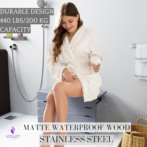 20" Folding Wall Mounted Handmade Teak Wood Large Shower Seat with Legs, ADA Compliant Durable Bath Bench, Sturdy Space-Saving Bathroom Stool, Water-Resistant Compact Chair (Gray, Extra Large) - color: Gray