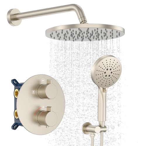 Iriber Thermostatic Shower System Wall Mount with 10 Inch Roud Rainfall Shower Head and Handheld,Shower Faucet Mixer Trim Kit (Valve Included),Brushed Nickel - color: Brushed Nickel 03