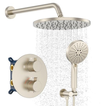Iriber Thermostatic Shower System Wall Mount with 10 Inch Roud Rainfall Shower Head and Handheld,Shower Faucet Mixer Trim Kit (Valve Included),Brushed Nickel - color: Brushed Nickel 03