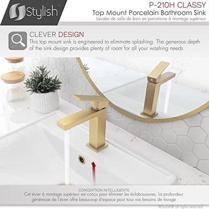 Stylish Drop in Bathroom Sink 20 1/4 x 16 Inch Porcelain Rectangular Bathroom Sinks Shiny Finish Smooth and Stain Resistant Surface with Chrome and Matte Black Overflow, P-210H - style: Modern