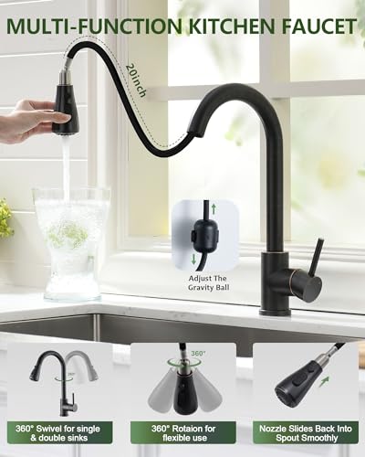 VFAUOSIT Kitchen Faucet with Pull Down Sprayer, Oil Rubbed Bronze | Cold-Start Safety, 3 Spray Modes, 360° Swivel, cUPC/CEC Certified, Fingerprint-Resistant Finish, Premium Ceramic Disc Valve - color: Oil Rubbed Bronze