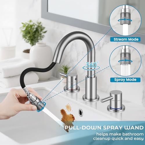 8 Inch 3 Hole Brushed Nickle Pull Down Bathroom Sink Faucet | Stainless Steel,Two Water Flow Modes,Brushed Nickle,3 hole Widespread,Pop-up Drain,Water Supply Hoses,Pull Down Sprayer, - color: A-Brushed Nickel