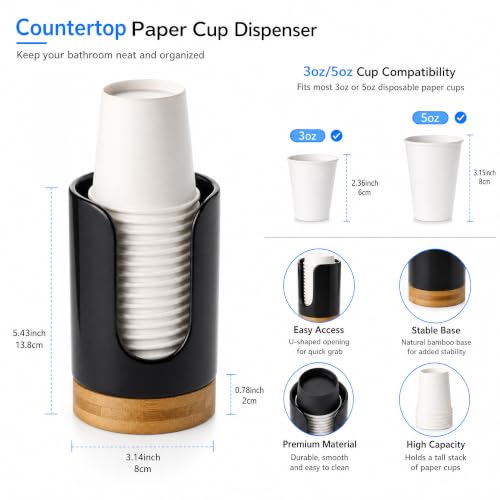 Ceramic Bathroom Cup Holder, 3-5 oz Cup Dispenser, Black | Disposable Paper & Plastic Bathroom Cups Holder - Mouthwash Cups Dispenser for Bathroom, Guest Toiletries, Countertop, Coffee - color: Black