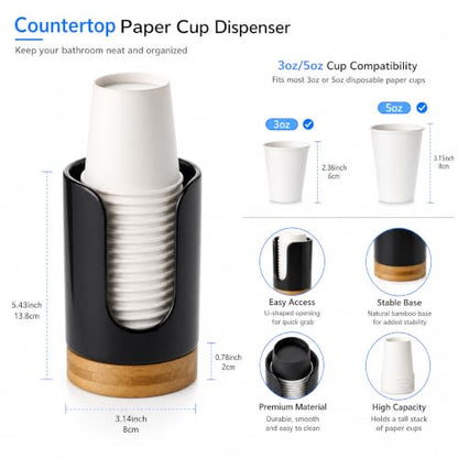 Ceramic Bathroom Cup Holder, 3-5 oz Cup Dispenser, Black | Disposable Paper & Plastic Bathroom Cups Holder - Mouthwash Cups Dispenser for Bathroom, Guest Toiletries, Countertop, Coffee - color: Black