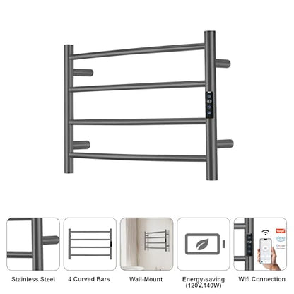 Electric Towel Rack with Voice Control for Alexa & Google Home,TUYA - Wall-Mounted Bathroom Heating Towel Warmer,Plug-in,Stainless Steel Material,16.54x23.62x5.51 in,Gunmetal Grey，4 Bars - color: Gungrey With Wifi, size: 4 Bar
