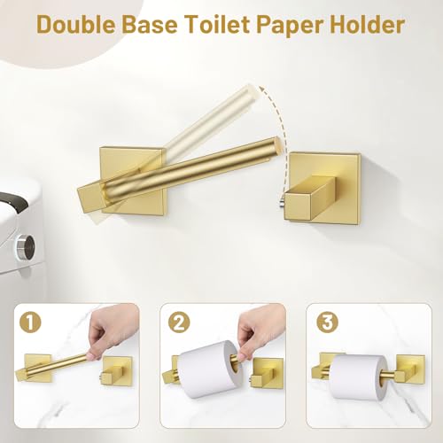 Lairuier Brushed Gold Bathroom Accessories, Towel Bar Set Wall Mounted | 5 Pieces Bathroom Hardware Set, SUS304 Stainless Steel Double Base 23.6" Towel Bar, Towel Ring, Toilet Paper Holder & Hooks - color: Brushed Gold, size: 5 Pieces - Double Base