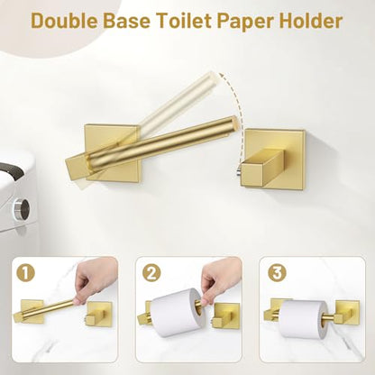 Lairuier Brushed Gold Bathroom Accessories, Towel Bar Set Wall Mounted | 5 Pieces Bathroom Hardware Set, SUS304 Stainless Steel Double Base 23.6" Towel Bar, Towel Ring, Toilet Paper Holder & Hooks - color: Brushed Gold, size: 5 Pieces - Double Base