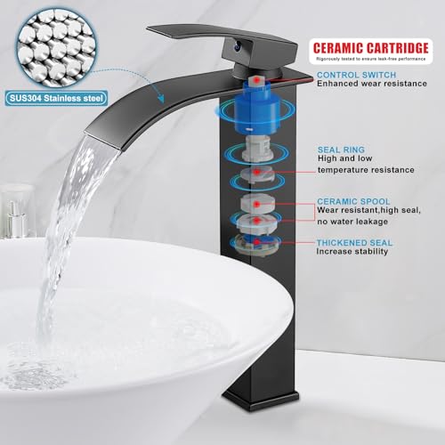 Midanya Waterfall Tall Bathroom Vessel Sink Faucet,Matte Black | with 24” cUPC Water Hoses,Pop Up Drain without Overflow,for 1 hole Vanity,RV,Lavatory,Bowl,Farmhouse,SUS304,Single Handle - color: Black
