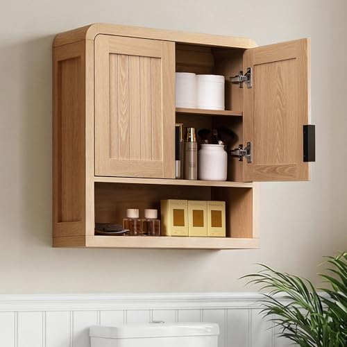 25.4" Bathroom Wall Cabinet with Grooved Doors & Open Shelf, Oak | Grooved Double Doors / Rounded Edges / 3-Position Shelf / Open Storage / Hanging Rail Mount / Natural Oak Finish