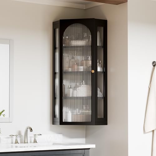Bathroom Corner Wall Cabinet, Metal Medicine Cabinet with Glass Doors and Shelves, Hanging Corner Storage Cabinet for Bathroom, Kitchen, Laundry Room (Black) - color: Black