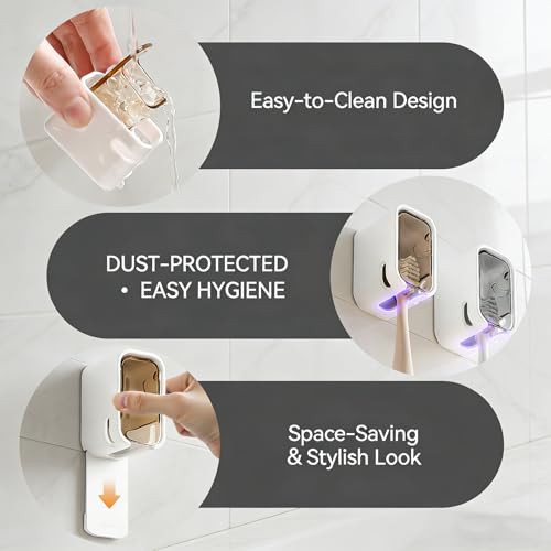 3pc Wall Mount Toothbrush Holder with Lid Self Adhesive, No Drill | Clear Acrylic Dustproof Cover, Fits Electric Toothbrushes, Hygienic for Bathroom & Travel - size: 1 Black , 1 White & 1 Grey