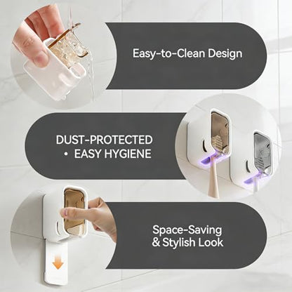 3pc Wall Mount Toothbrush Holder with Lid Self Adhesive No Drill | Clear Acrylic Dustproof Cover, Fits Electric Toothbrushes, Hygienic for Bathroom & Travel - size: 1 Gray, 1 White & 1 Beige