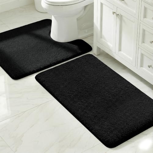 MINIDEAR Bathroom Rugs Sets 2 Piece - Thick Memory Foam Bath Mat, Ultra Soft, Plush Fluffy, Non-Slip, Quick Dry, Absorbent Washable Mat for Tub, Home Decor (32x20 & 24x20 Inch, Black) - color: Black, size: 1'8" x 2'8" (32x20+U24x20)