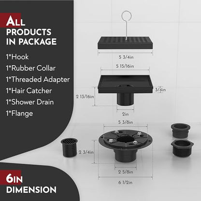 6 Inch Square Shower Drain Black Floor Drain with Flange Square Holes Pattern Cover Grate Removable SUS304 Stainless Steel Watermark&CUPC Certified Matte Black - color: Matte Black, size: 6 Inch