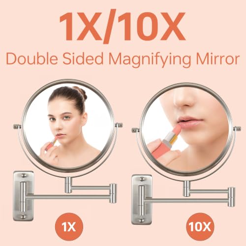 Wall Mount Makeup Mirror with 1X/10x Magnification, Nickel | 8" Double-sided Wall-mounted Magnifying Mirror with Extendable Arm for Bathroom, Round, No Lights, Brushed Nickel Finished