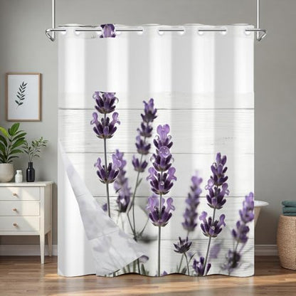 No Hook Lavender Shower Curtain with Liner, Bathroom Hook-free Shower Curtain and Snap in Liner Set, Farmhouse Bathroom Waterproof Shower Curtains with Sheer Top Window and Weighted Hem, 71x74 Inches - color: Dewy Lavender