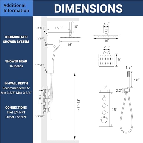 16" Thermostatic Dual Rainfall Head Shower System with Handheld & Valve, 16-Inch Shower Faucet Set with 6-Inch Shower Head, JetsBath Brushed Gold Full Body Shower System for Couples/2-Person