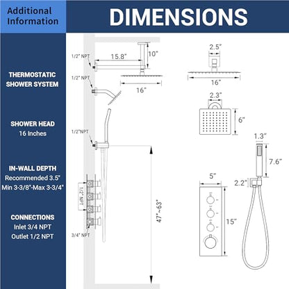 16" Thermostatic Dual Rainfall Head Shower System with Handheld & Valve, 16-Inch Shower Faucet Set with 6-Inch Shower Head, JetsBath Brushed Gold Full Body Shower System for Couples/2-Person