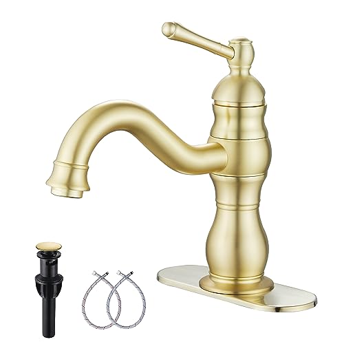 Bathroom Faucet Brushed Gold GGStudy 360° Swivel Bathroom Vanity Faucet Single Handle One Hole Bathroom Sink Faucet Basin Matching Pop Up Drain with Overflow - color: Brushed Gold, size: Short