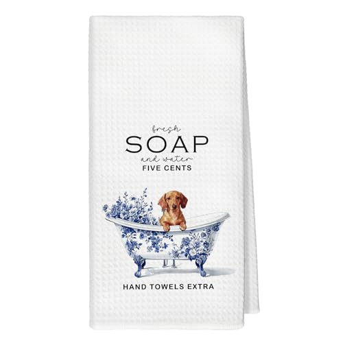 Funny Chinoiserie Dachshund Hand Towels, Dachshund Gifts Hand Towels Decor, Weiner Dog Gifts for Women, Blue and White Grandmillennial Weiner Dog Towel for Bathroom Decorative, 16x24 Inch - color: Dachshund