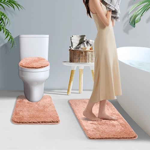 Shower Curtain Sets with Rugs and Adjustable Toilet Seat Cover | 4 Pcs Blush Pink Bathroom Sets with Shower Curtain and Rugs and Microfiber Toilet Lid Cover - color: Blush Pink